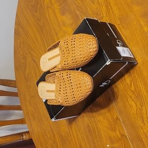 New direction lattice tan open back shoes
